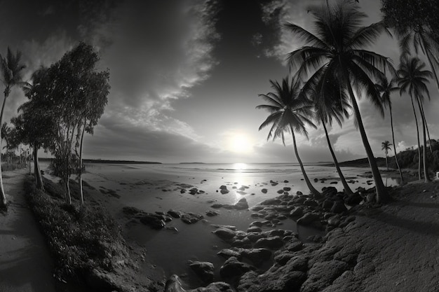 panorama of the sunset coast of coconut trees in Black and white