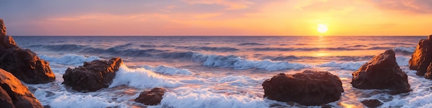 Panorama of a sunset over the ocean with waves crashing on the shore rocks big stones in the foreground in the water Seascape illustration with sand beach cloudy sky and setting sun Generative AI