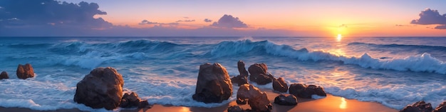 Panorama of a sunset over the ocean with waves crashing on the shore and several big stones in the foreground Seascape illustration with sand beach cloudy sky and setting sun Generative AI