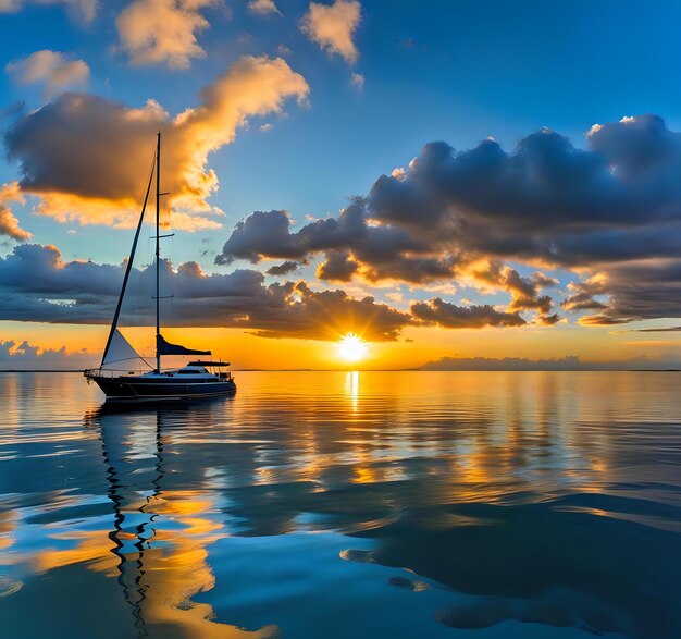 Photo panorama of sunset over peaceful ocean from ship deck