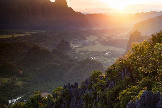 Panorama Top view of  Beautiful Forest landscape of Sunrise with mist  Mountains landscape