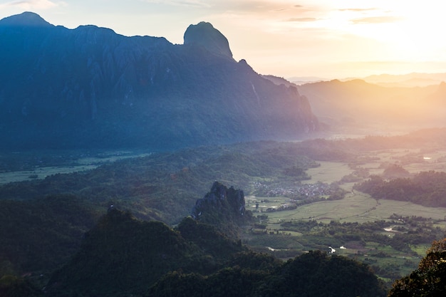 Panorama Top view of  Beautiful Forest landscape of Sunrise with mist  Mountains landscape