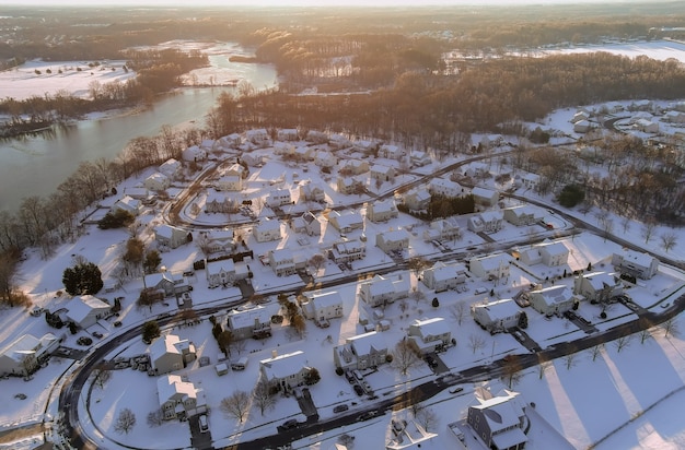 Panorama top view of residential houses areas in snowy covered neighborhood district city