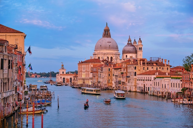 Panorama of venice grand canal and santa maria della salute church on sunset