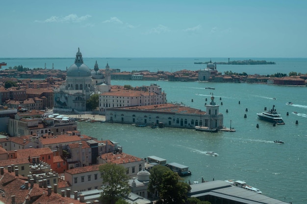 Panorama of venice grand canal and santa maria della salute church on sunset