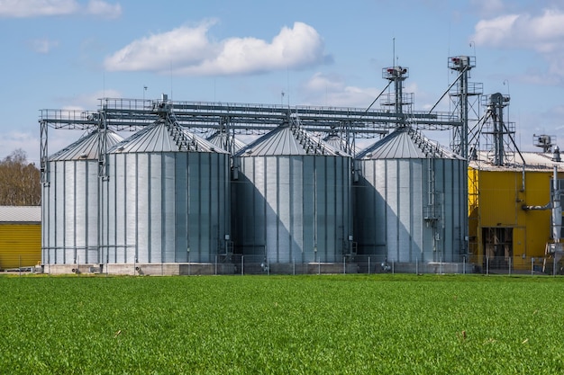 Panorama view on agro silos granary elevator on agroprocessing manufacturing plant for processing drying cleaning and storage of agricultural products flour cereals and grain