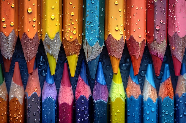 Photo panorama view of different colored crayons on colored background