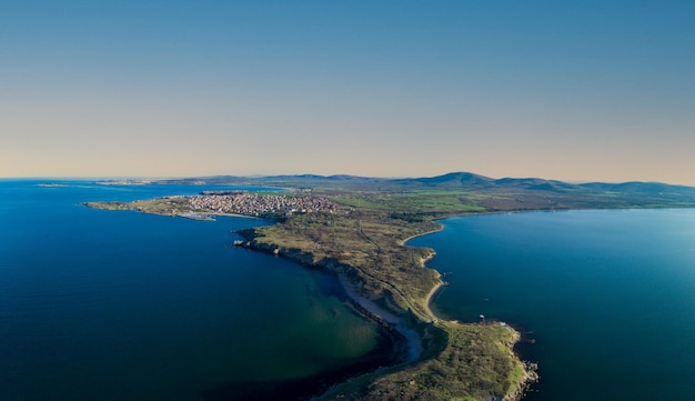 Panorama of the view from a height on the coast washed by the Black sky in Bulgaria