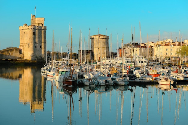 Panorama view of the harbour and city centre of La Rochelle France in summer