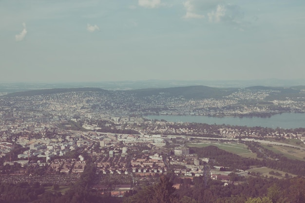 Panorama view of historic Zurich city center with lake, canton of Zurich, Switzerland. Summer landscape, sunshine weather, blue sky and sunny day