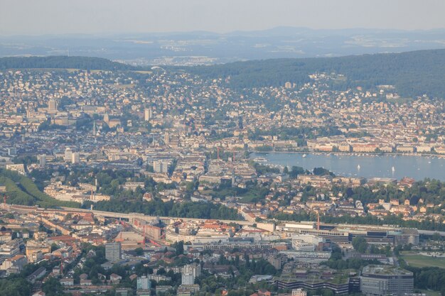 Panorama view of historic Zurich city center with lake, canton of Zurich, Switzerland. Summer landscape, sunshine weather, blue sky and sunny day