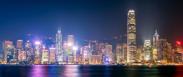 Panorama view of Hong kong downtown the famous cityscape view of Hong Kong skyline during twilight time from Kowloon side at Hong Kong