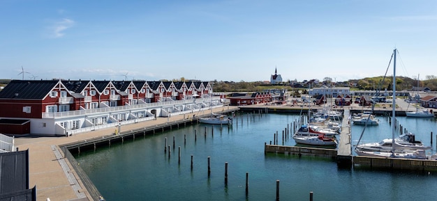 Panorama view of houses and the church near to the sea in Bagenkop Langeland island Denmark