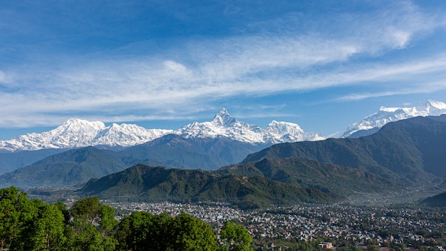 panorama view of mountain range annapurna peak and machhapuchare peak