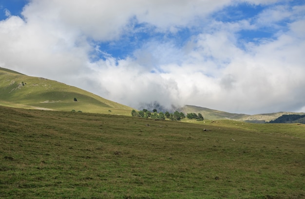 Panorama view of mountains scenes in national park Dombay, Caucasus, Russia, Europe. Dramatic blue sky and sunny summer landscape