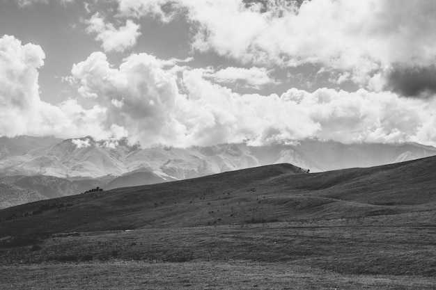 Panorama view of mountains and valley scenes in national park Dombay, Caucasus, Russia, Europe. Dramatic blue sky and sunny summer landscape