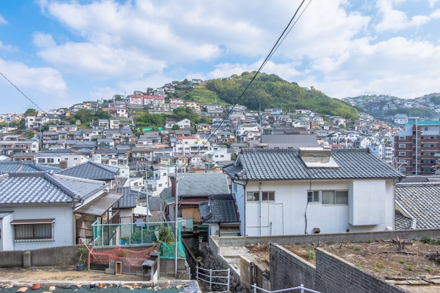 Panorama view of Nagasaki city with montain and  blue sky background, Cityscape, Nagasaki, Kyushu, Japan