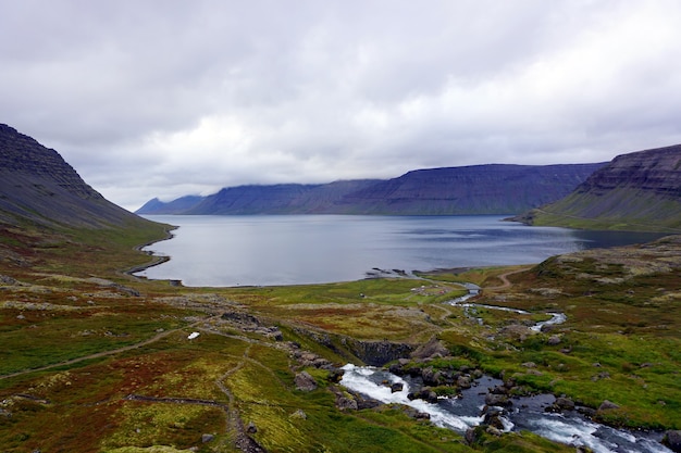 Panorama view of the sea from the Dynjandi waterfall, Westfjords, Iceland.