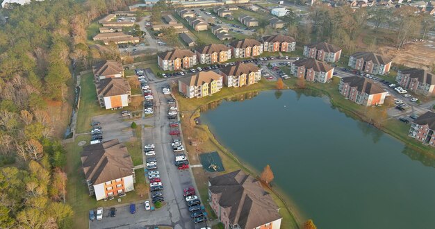 Panorama viewed residential apartment buildings quarter area urban development residential near smal