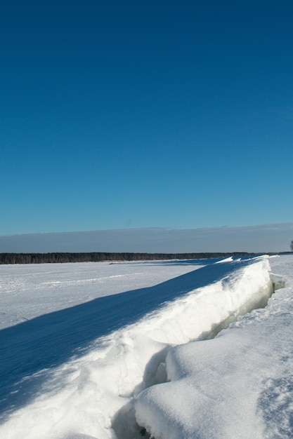 Panorama of the Volga in winter on a clear day