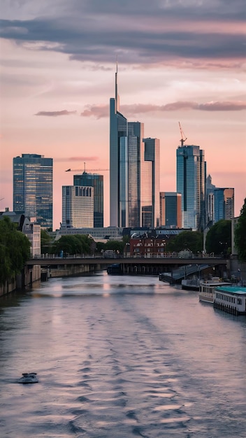 Panorama von Frankfurt am Main mit Skyline und Main an einem Sommertag