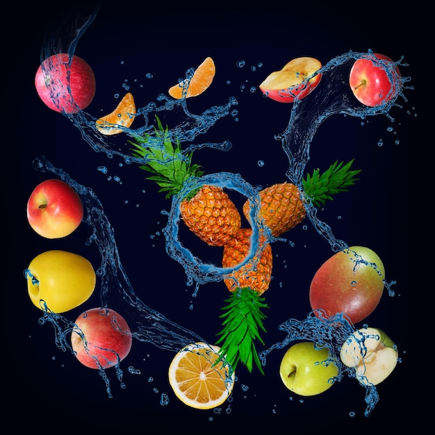 Panorama wallpaper with fruits in water fresh apple pineapple tangerine lemon mango are full of vitamins and delicious for diet