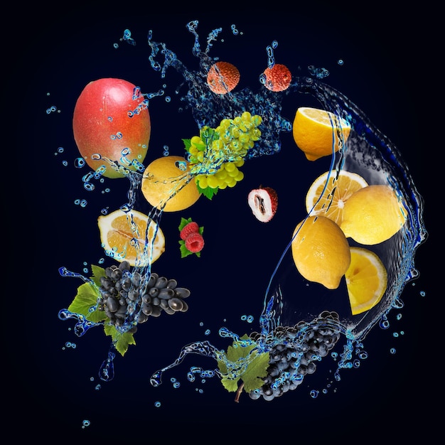 Panorama wallpaper with fruits in water fresh mango lemon grapes lychees raspberries are full of vitamins and delicious