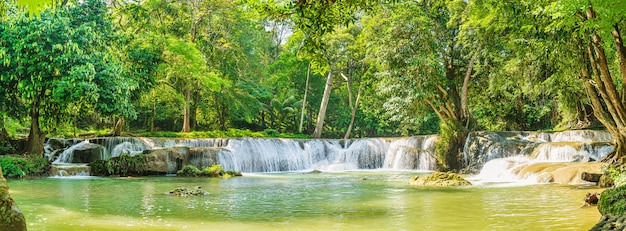 Panorama Waterfall in forest on the mountain in tropical forest