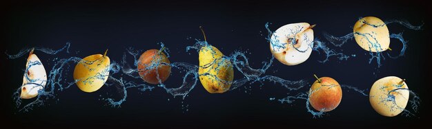 Panorama with fruits in water juicy pears are a powerful boost of energy for the whole day