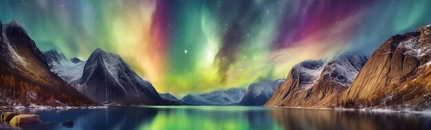 Panorama with northern lights in night starry sky with stars over lake and mountains Generative AI illustration