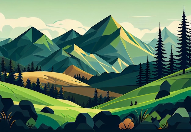 Panoramic abstract mountain scenery in flat style Natural wallpaper AI generated image