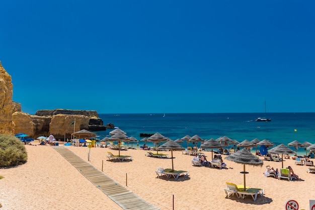 Panoramic aerial drone view of Praia do Castelo beach Albufeira Algarve Portugal