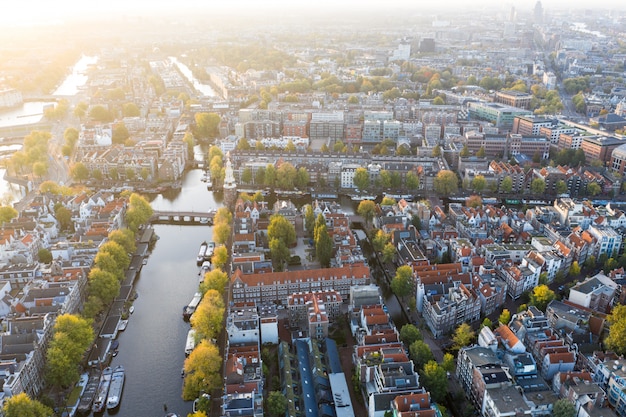 Panoramic aerial view of Amsterdam, Netherlands. View over historic part of Amsterdam