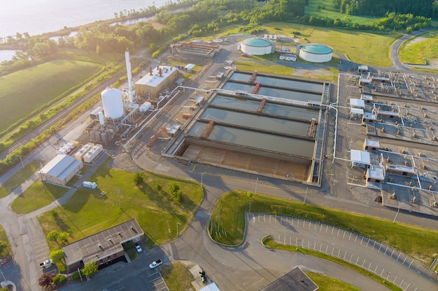 Panoramic aerial view of basins for sewage water aeration and cleaning in process of sewage treatment on Biological treatment water