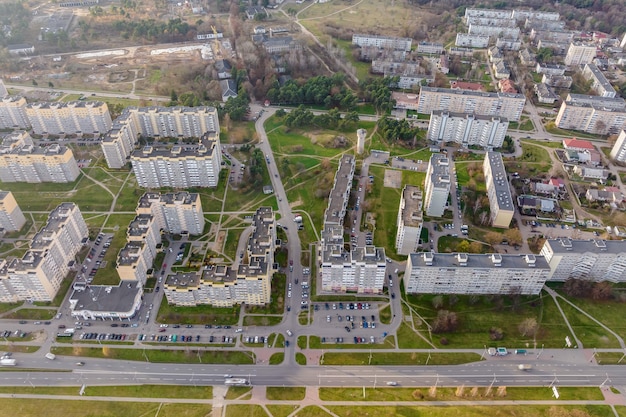 Panoramic aerial view of a huge residential complex with highrise buildings