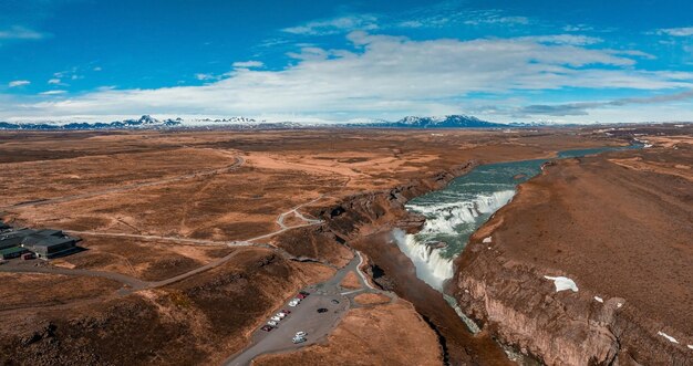 Panoramic aerial view of popular tourist destination gullfoss waterfall