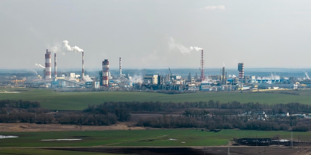 Panoramic aerial view of the smoke of pipes Air and water pollution concept