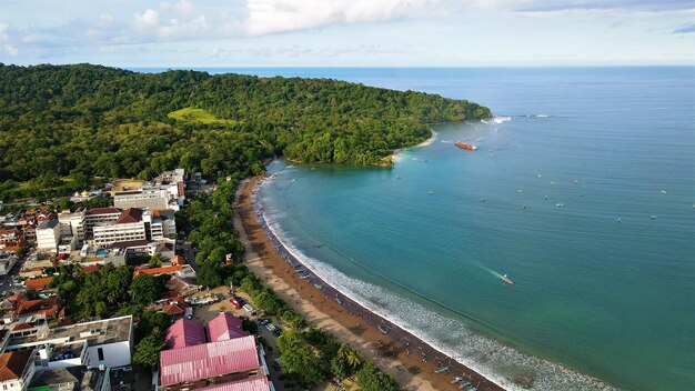 Panoramic aerial view of sunset on a beautiful beach for background.