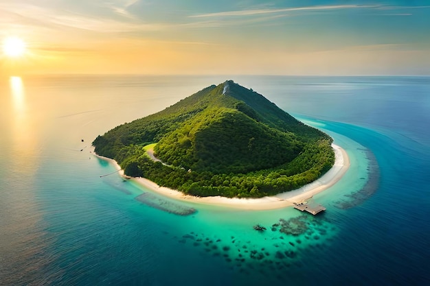 A panoramic aerial view of a tropical island surrounded by turquoise waters and dotted with lush gr