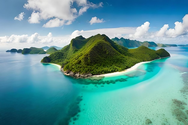 A panoramic aerial view of a tropical island surrounded by turquoise waters and dotted with lush gr