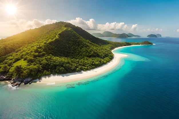 A panoramic aerial view of a tropical island surrounded by turquoise waters and dotted with lush