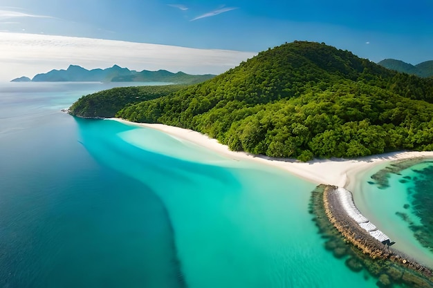 A panoramic aerial view of a tropical island surrounded by turquoise waters and dotted with lush