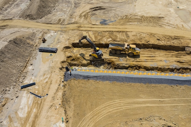 Panoramic aerial view of work preparing ground under construction in laying drain stormwater system