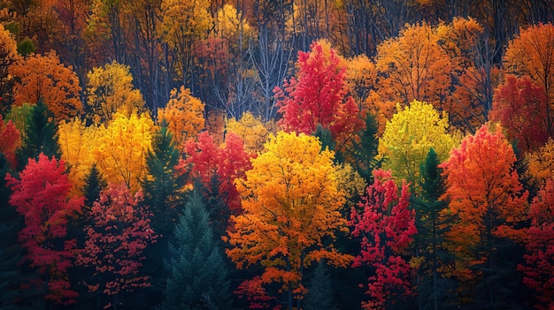 Photo panoramic autumn forest scene colorful foliage on trees peaceful and scenic environment ideal for a tranquil nature wallpaper