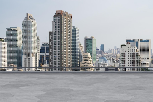 Panoramic Bangkok skyline view concrete observatory deck on rooftop daytime Luxury Asian corporate and residential lifestyle Financial city downtown real estate Product display mockup empty roof