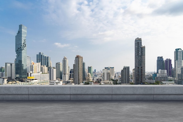 Panoramic Bangkok skyline view concrete observatory deck on rooftop daytime Luxury Asian corporate and residential lifestyle Financial city downtown real estate Product display mockup empty roof