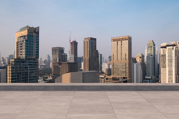 Panoramic Bangkok skyline view concrete observatory deck on rooftop sunset Luxury Asian corporate and residential lifestyle Financial city downtown real estate Product display mockup empty roof