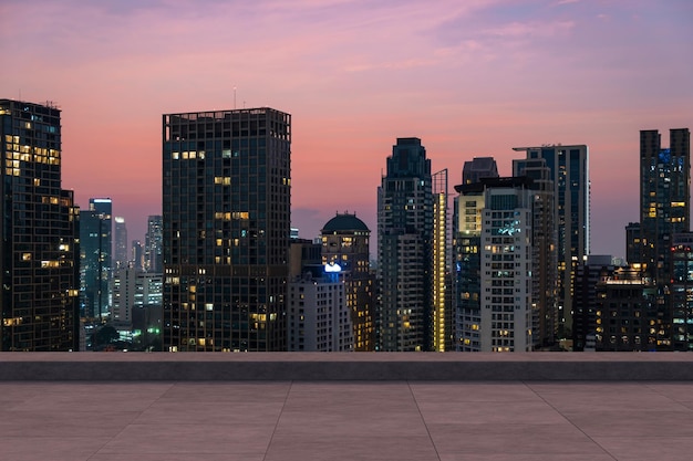 Panoramic Bangkok skyline view concrete observatory deck on rooftop sunset Luxury Asian corporate and residential lifestyle Financial city downtown real estate Product display mockup empty roof