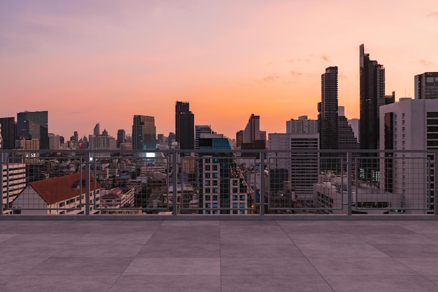 Panoramic Bangkok skyline view concrete observatory deck on rooftop sunset Luxury Asian corporate and residential lifestyle Financial city downtown real estate Product display mockup empty roof