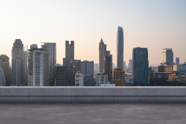 Panoramic Bangkok skyline view concrete observatory deck on rooftop sunset Luxury Asian corporate and residential lifestyle Financial city downtown real estate Product display mockup empty roof